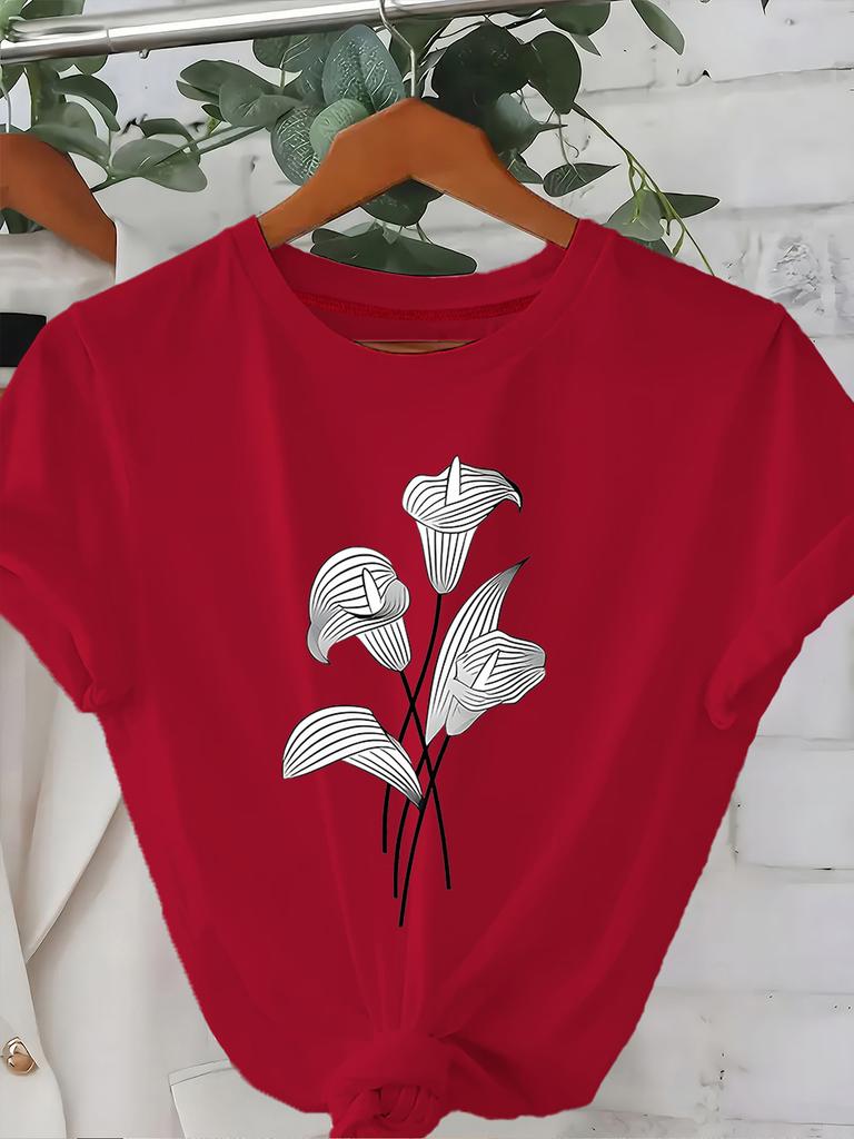 casual short sleeved T-shirt with artistic floral print in white and black minimalist design daily elegant style Fashionable