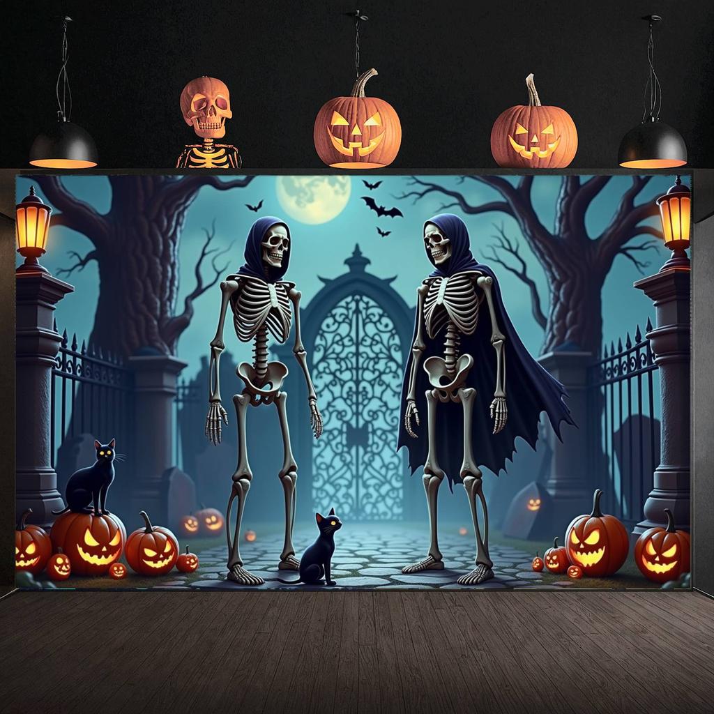 Skeleton Banner Pumpkin Decoration Gothic Decor Spooky Decoration Illustrated Art Graveyard Backdrop For Indoor Decoration