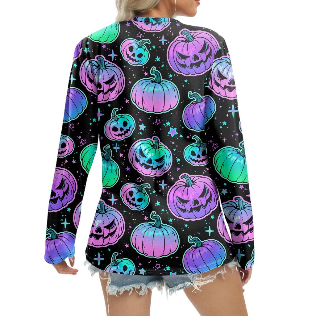 Women's Casual Fashion Sexy Comfort Halloween Printed V-Neck Button Long Sleeve