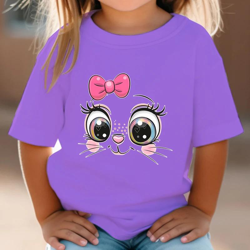T-shirt Pink Bow Kitten Summer Shirt Girl Cute Cartoon Cat Pattern Top White Short Sleeved Wild T-shirt Animal Anime Costume