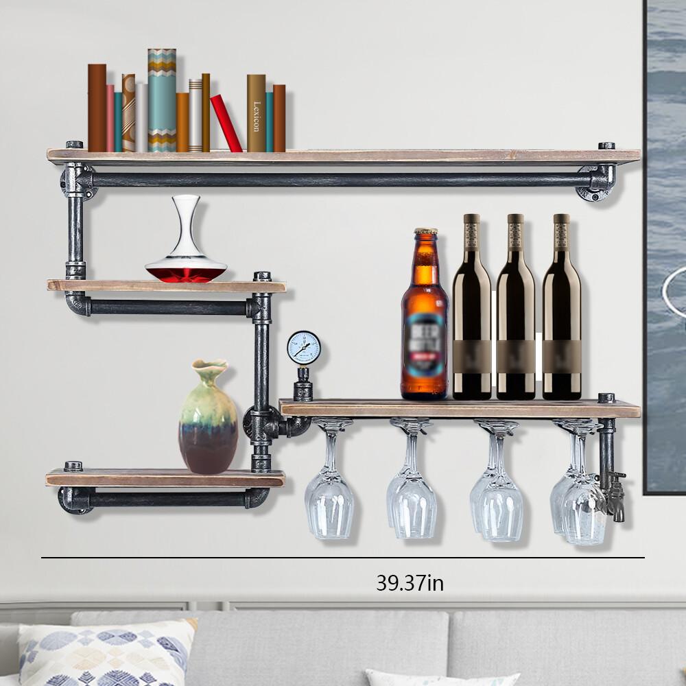 Wall Mounted Wine Rack Shelves, 4 Tier Wine Glass Holder Rack, Sturdy Metal Storage Organizer, Hanging Shelving for Kitchen