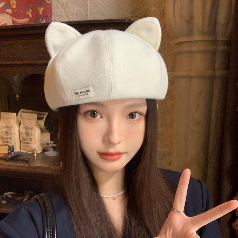 Cute Cat Ears Beret Children Spring and Autumn New Versatile Woolen Painter Hat Warm Windproof Pumpkin Hat