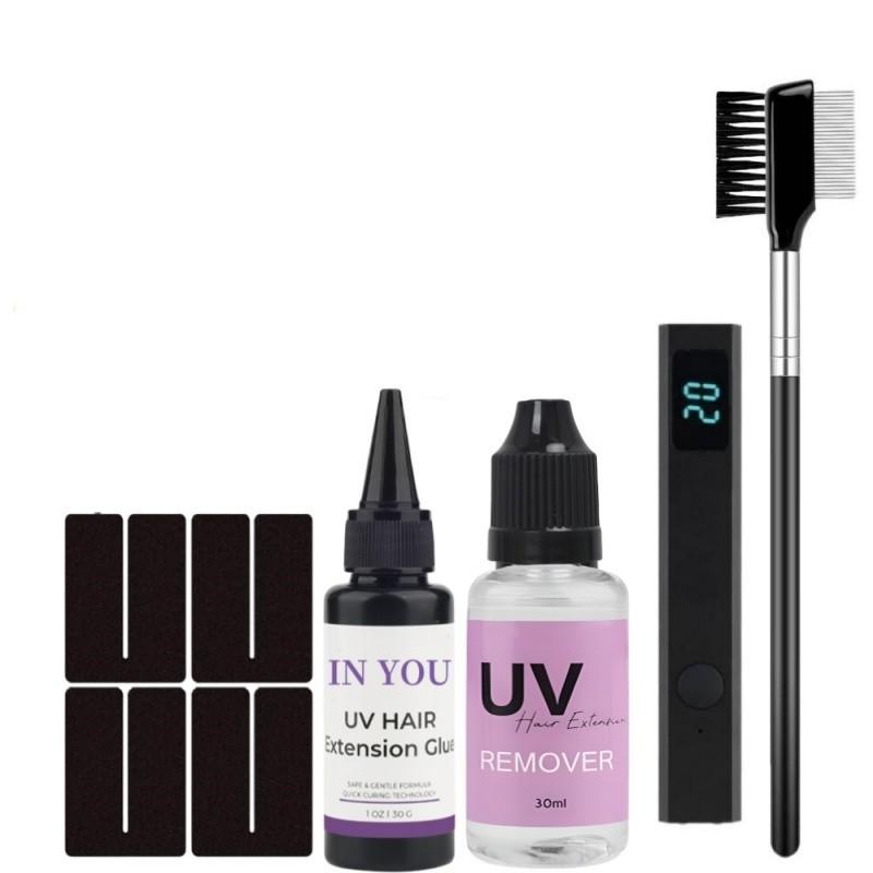 

Pro UV Hair Extension Kit: Glue, Comb, Remover & UV Lamp,Fast Invisible Bonds, Salon-Grade Waterproof A set