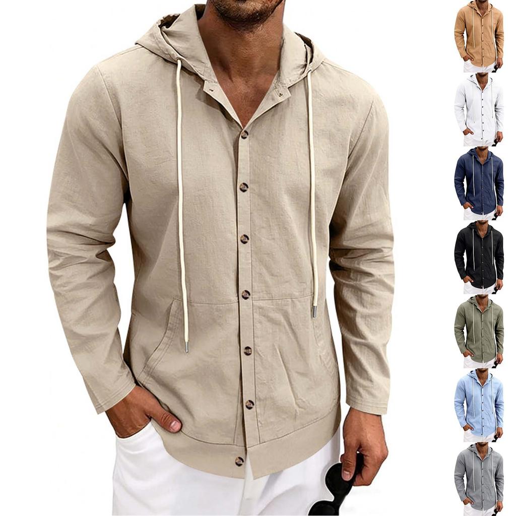 Men's Linen Casual Hooded Long Sleeve Cardigan Shirt for Beach Summer