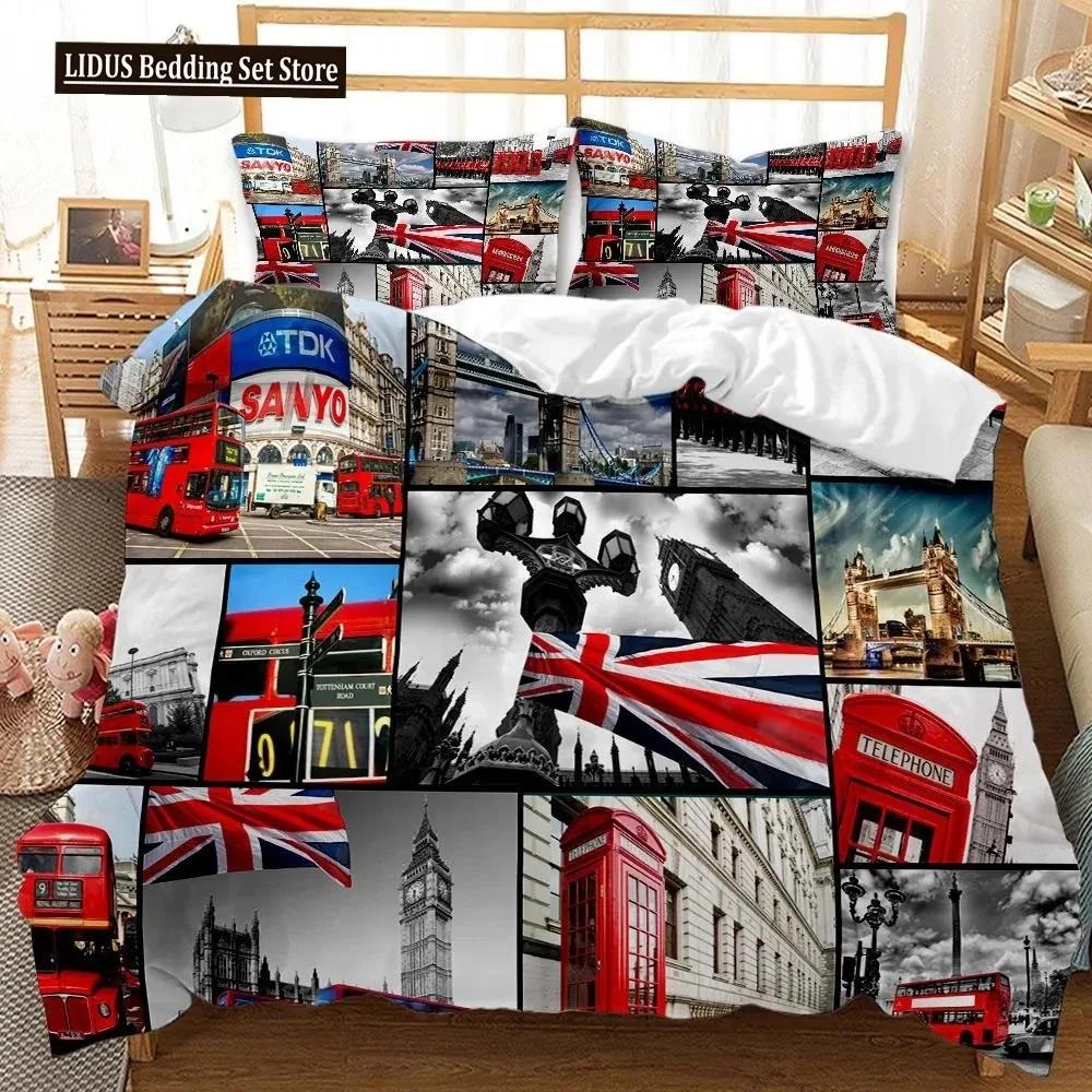 UK London Style King Queen Duvet Cover British Elements Bedding Set for Teens Adults London Bridge Big Ben Polyester Quilt Cover