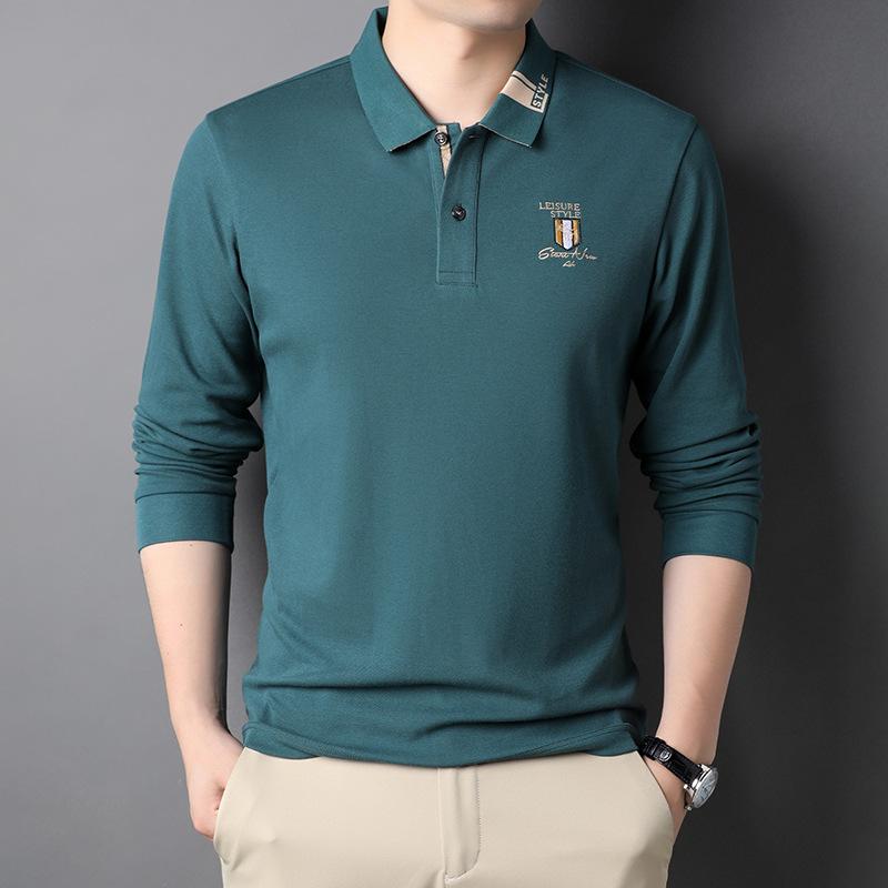 Spring New Men's Long-sleeved T-shirt Solid Color Fashionable Casual Lapel Middle-aged T-shirt Loose Polo Shirt