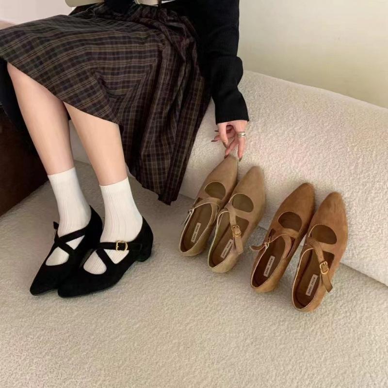 2025 new suede design shallow mouth Mary Jane shoes women's single shoes cross buckle inner height increase grandma shoes