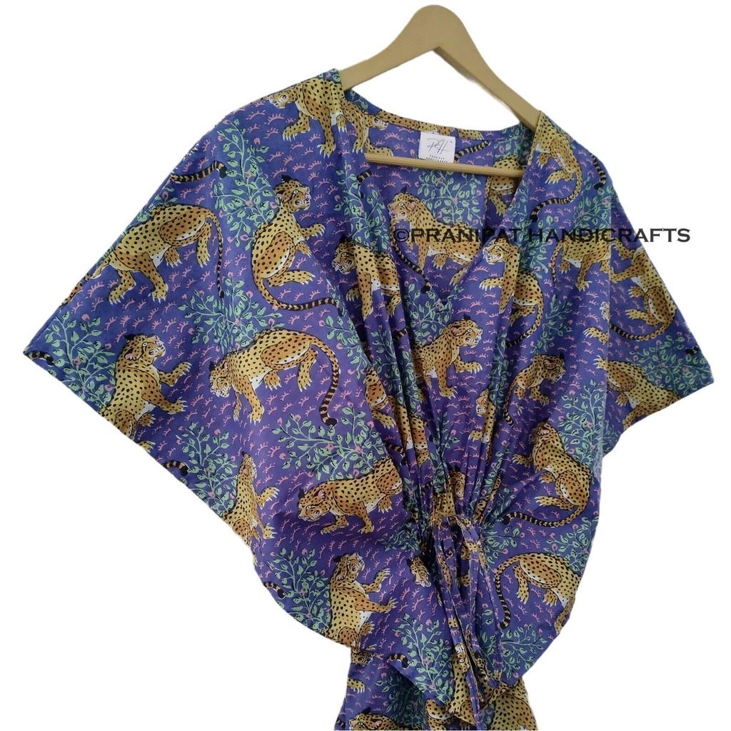 Women Purple Bagheera Tiger Printed Hippie Cotton Maxi Beach Cover Caftan Dress CKFTN-SCRN-FULL-BUYIT-151
