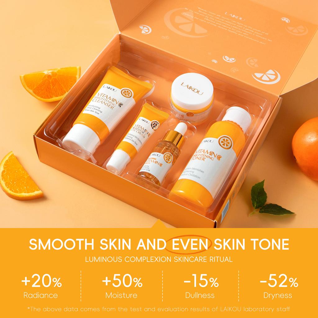 LAIKOU Vitamin C Hautpflege-Set 5-teilig Gesichtsreiniger Toner Serum Creme Augencreme