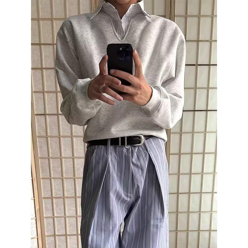 Men's Casual Patchwork Color Block Hoodie - Trendy Fake Two-Piece Shirt Collar, Loose Fit for Spring & Autumn