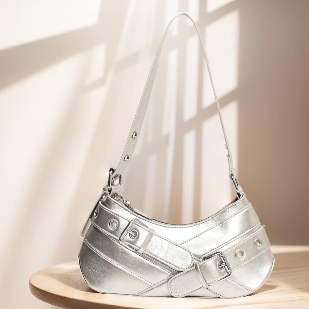 

Women PU Leather Punk Shoulder Bag Zipped Clutch Purse Adjustable Strap Underarm Bag Armpit Bag for Vacation Travel Commuting серебряный