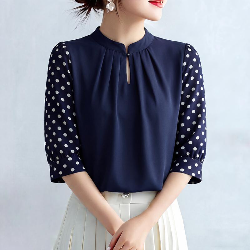 ZANZEA Women Casual Polka Dot Print Splice 3/4 Sleeve Loose Crew Neck Blouse