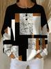 All-print plus size women's round neck buttoned waffle sweatshirt with geometric block print design