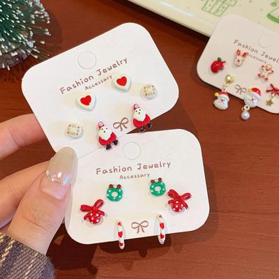 Autumn Winter Reindeer Bow Santa Stud Earrings Set - Cute Holiday Cartoon Silver Needle Jewelry for Women