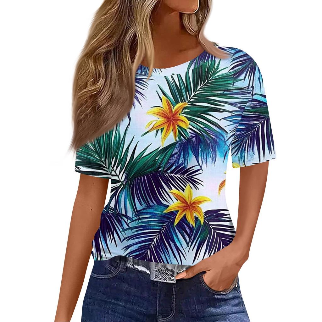 Damski modny, swobodny, krótki rękaw, nadruk, okrągły dekolt, bluzka typu pullover