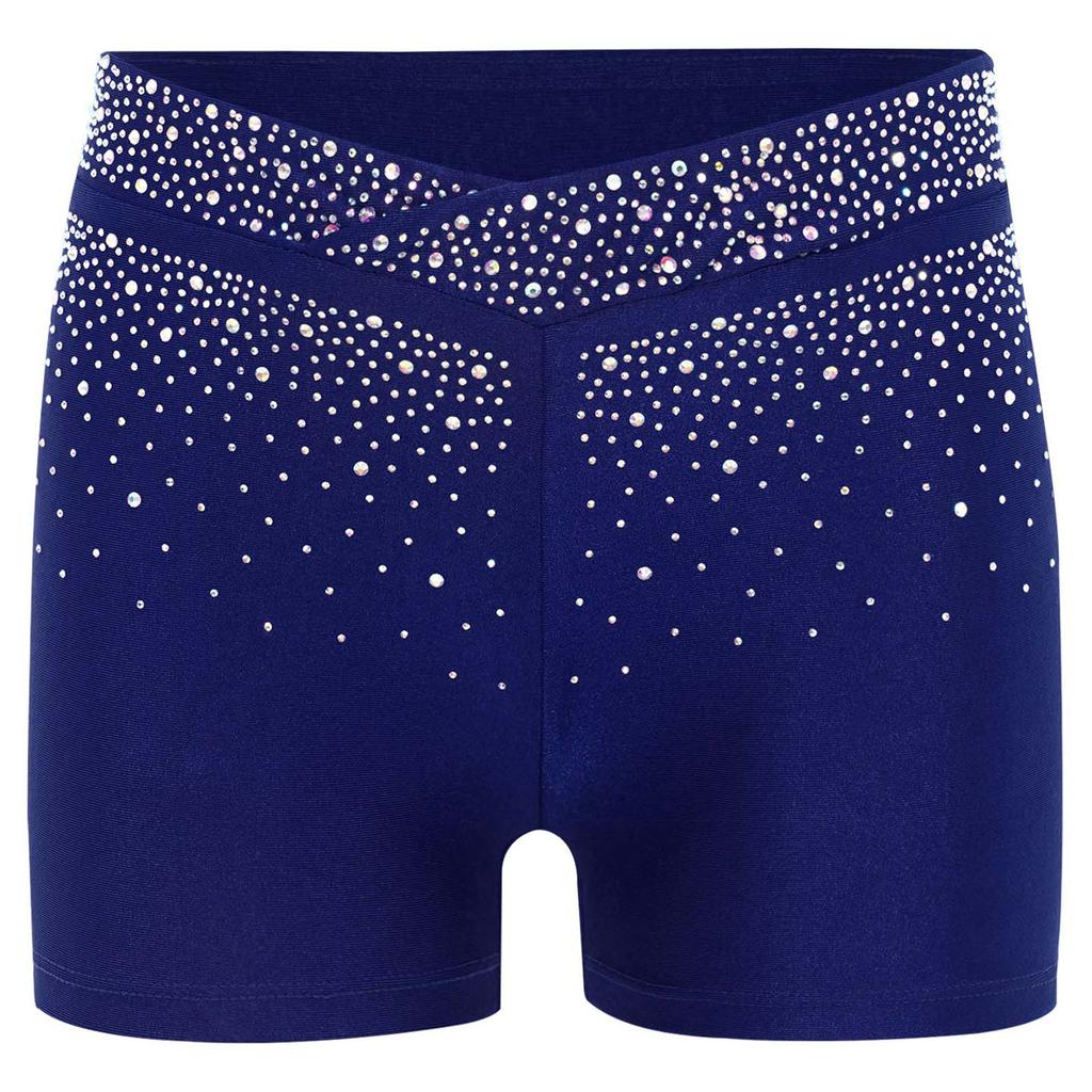 Kids Performance Shorts with Sparkling Rhinestones V-Front Elastic Waistband for Dance Gymnastics