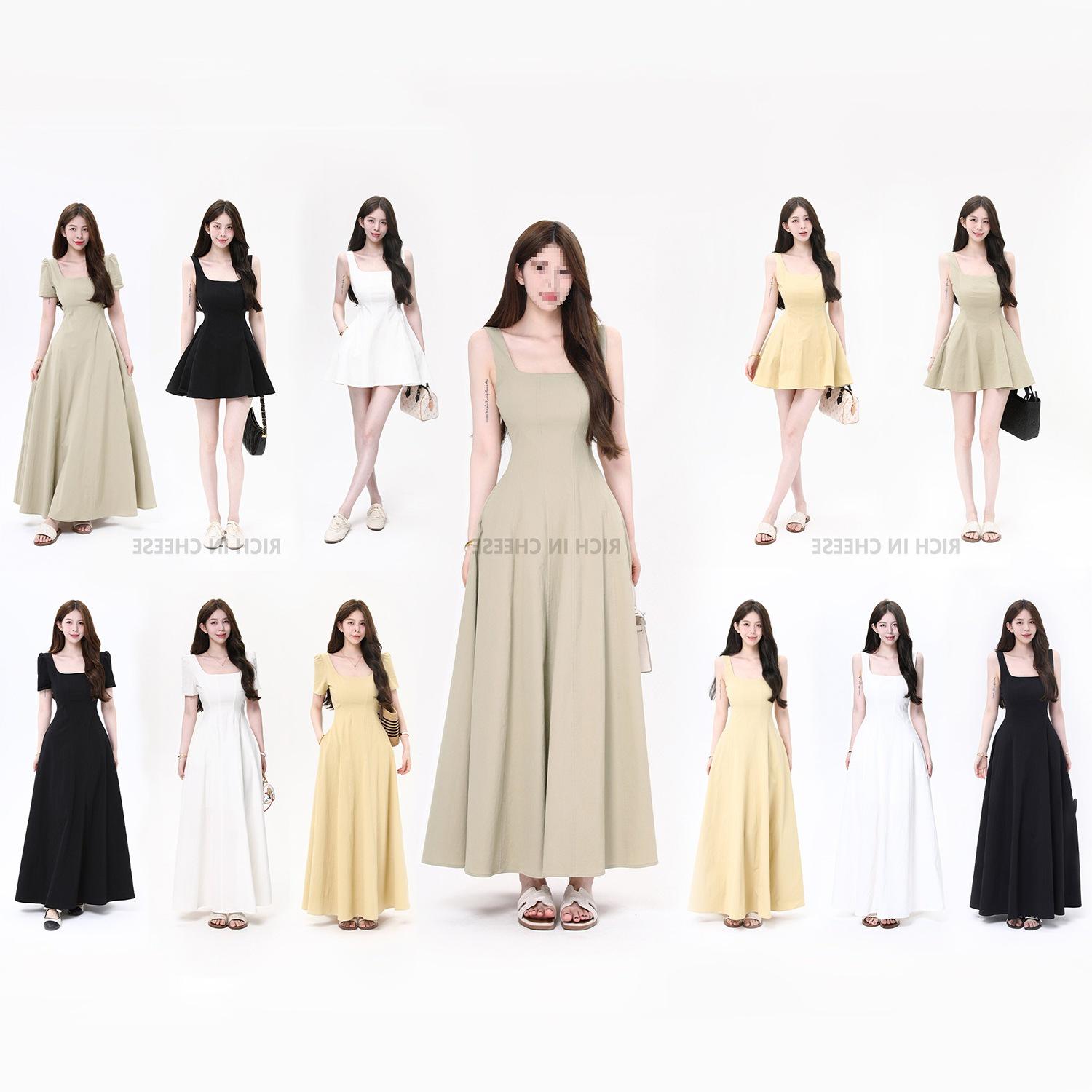 Shuhulei Nutmeg Summer Square Neck French Hepburn Waist-Cinching Long Dress L 55-60 kg