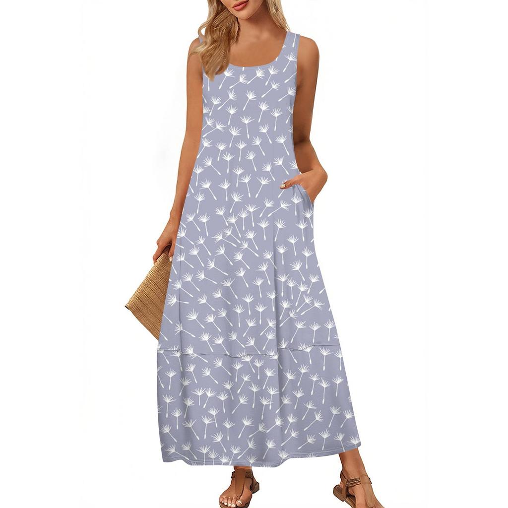 Women's Casual Floor-length Sundress Summer Beach Dress Round Neck Sleeveless Loose  Print Sundress