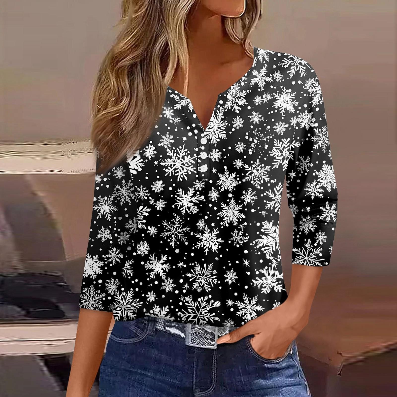 

Жіноча футболка з різдвяним принтом і ґудзиками з рукавами 3/4, щоденна мода на вихідні, базовий V-подібний виріз, звичайний топ L чорний