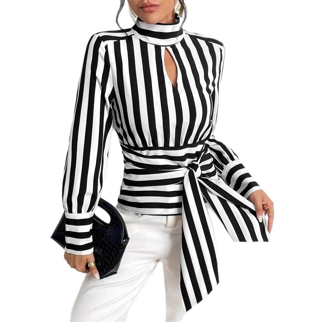 

Womens Striped Long Sleeve Shirt High Neck Belted Top Solid Color Basic Blouse XXL