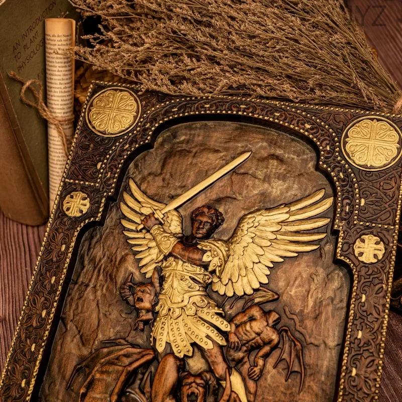 Religious Vintage Archangel Michael Defeated Satan Plaque Living Room Bedroom Mural Saint Statues