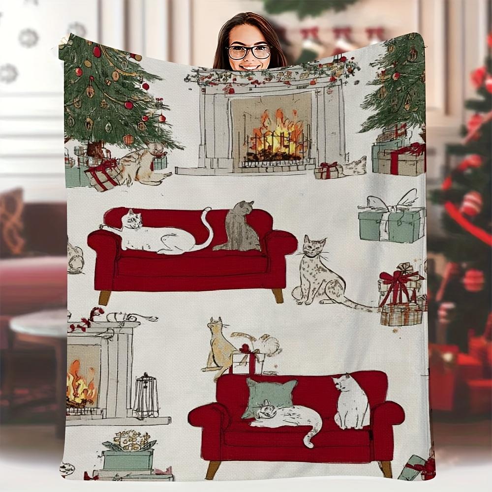 

1pc Extra Large Soft Blanket - Cozy Cats Lounging by Fireplace Christmas Tree - Heavy-Duty All-Season Throw for Bed, Sofa 70x100cm28x39in