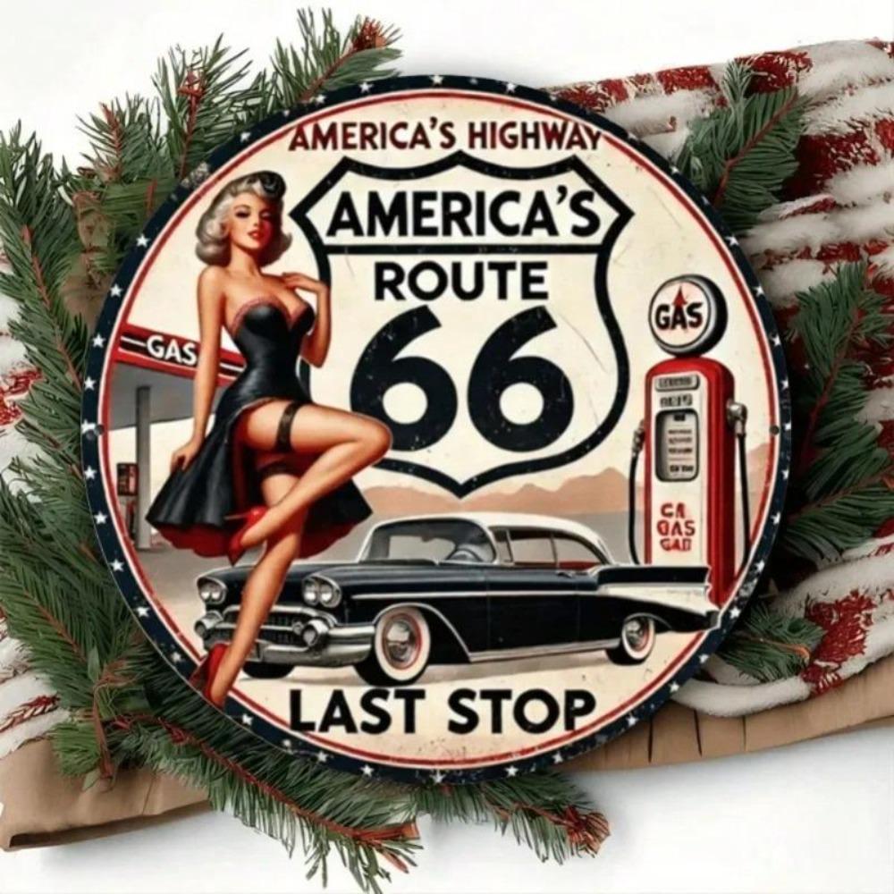 Vintage Route 66 Metal Tin Sign Pinup Girl Classic Car Wall Art Bar Cafe Decor