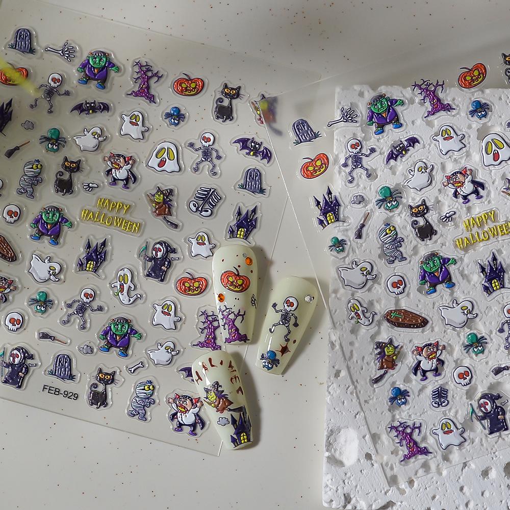 Embossed Halloween Nail Stickers: Cute Spider, Bat & Pumpkin Designs