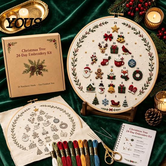 Holiday Sewing Project Kit 24 Days Christmas Tree Embroidery Kit, DIY for Beginners, Handmade Indoor Crafting Hobby Material Pack with Full