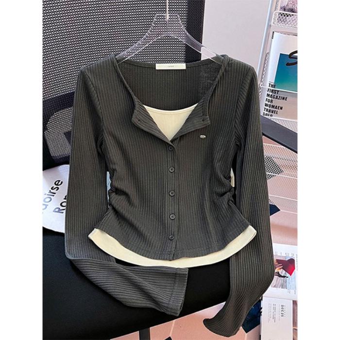 American-Style Black One-Shoulder Long-Sleeve Slim-Fit T-Shirt for Women - Autumn Spicy Girl Top M