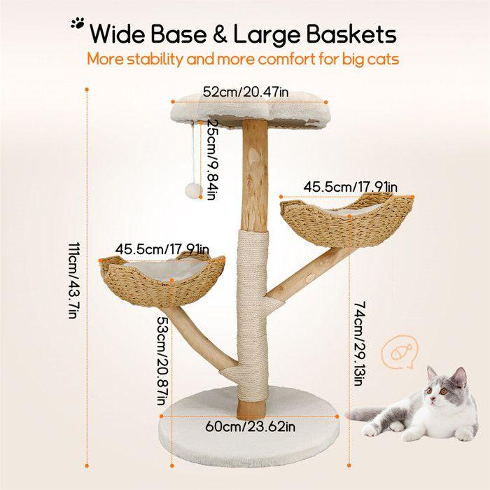 BingoPaw 111 cm Three-Level Cat Activity Tree with Sisal Scratcher and Removable Sleeping Mat