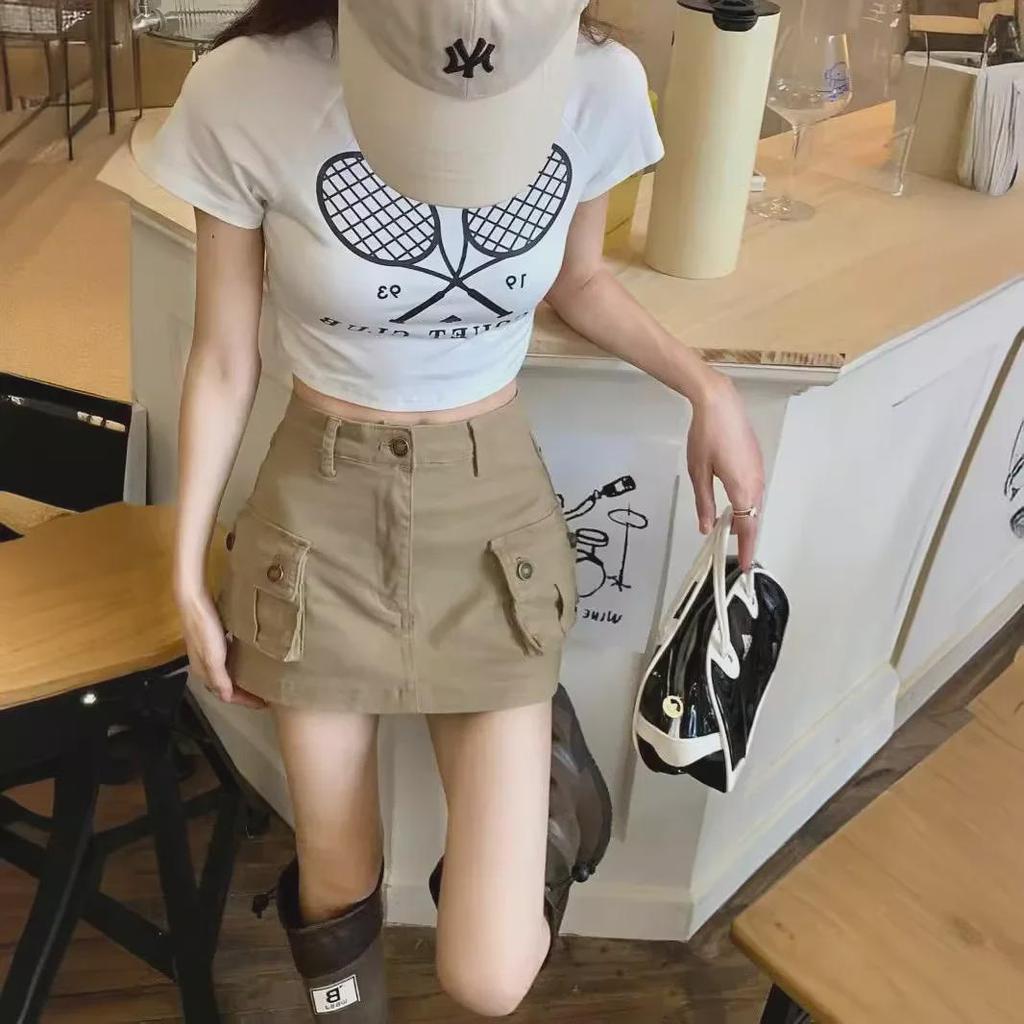 Khaki džínová sukně áčkového střihu s vysokým pasem pro ženy - Americký retro styl, Design boků proti odhalování pro trendy dívky