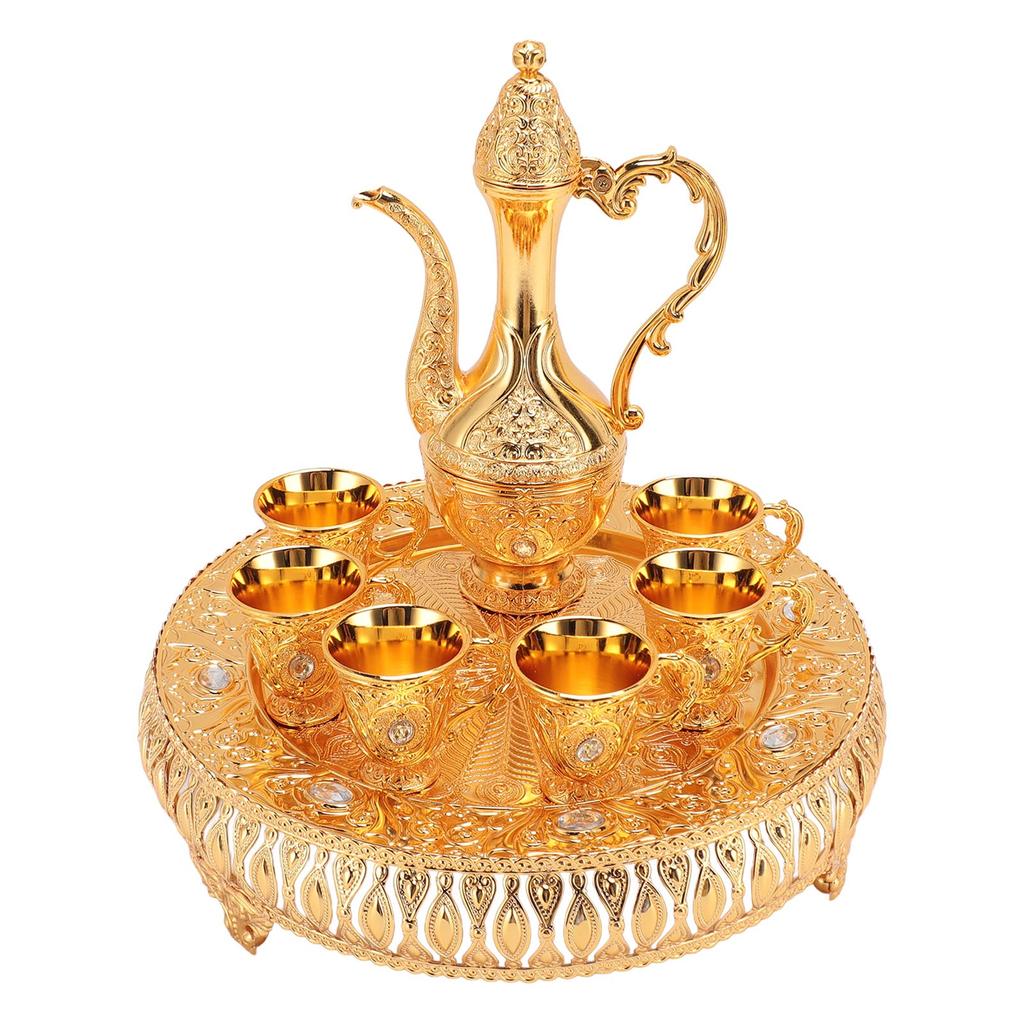Vintage Wine Pot Set European Retro Coffee Pot Tray Kit Decorative Zinc Alloy Exquisite Carving Wine Cups for Home Party Dinner