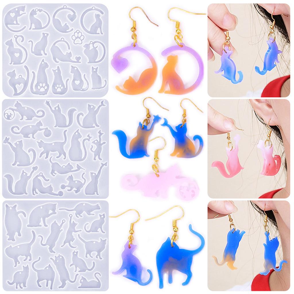 3x Cats Earrings Silicones Mould Epoxy Resin Molds Jewelry Making Molds Craft Supplies Handmade Pendant Moulds with Hole