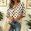 Women's Fashion Polka Dot Print Tie Neck Ruffle Trim Three Quarter Sleeve Blouse Casual Loose Fit Top for Daily Wear
