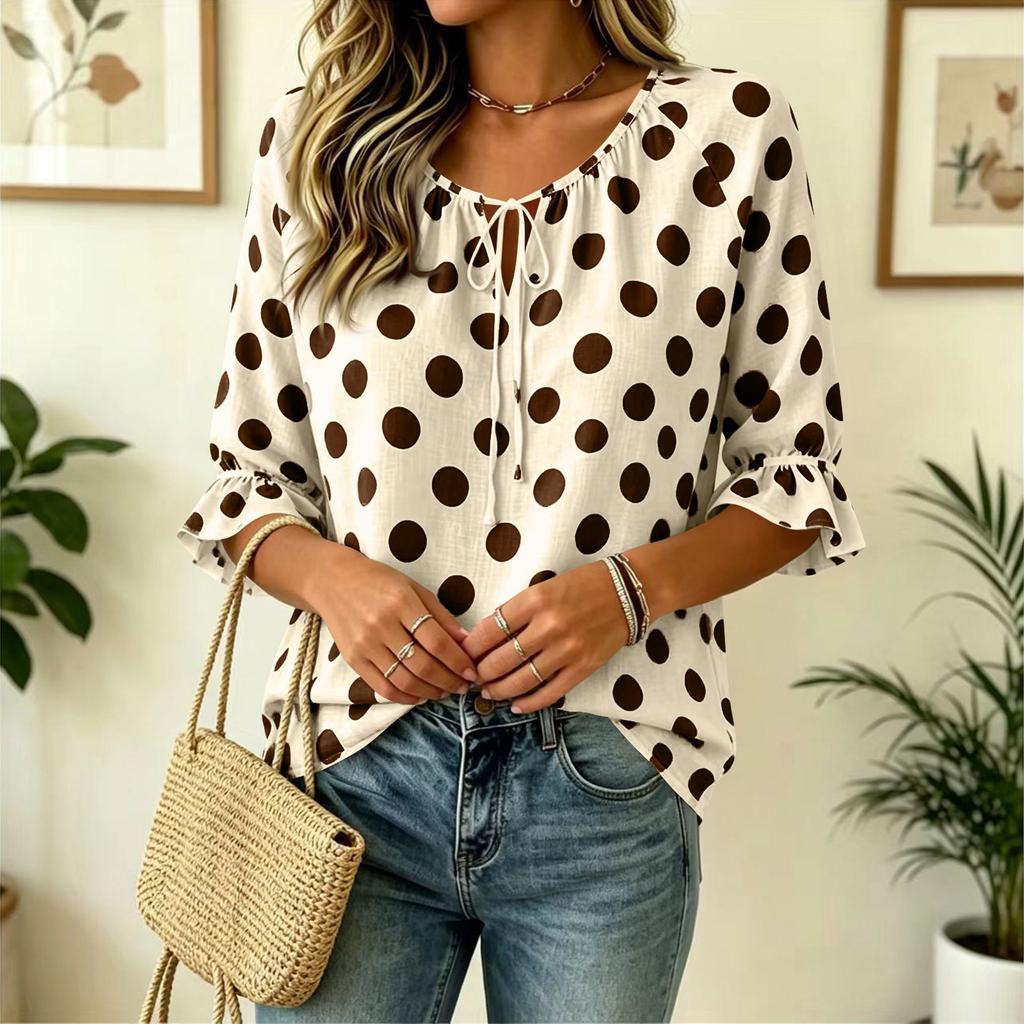 Women's Fashion Polka Dot Print Tie Neck Ruffle Trim Three Quarter Sleeve Blouse Casual Loose Fit Top for Daily Wear