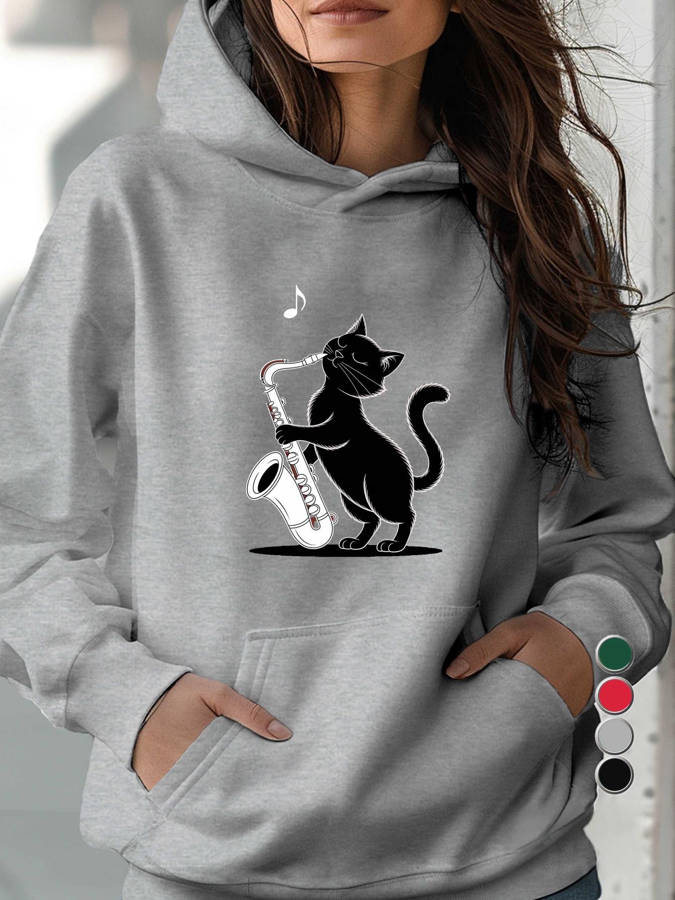 Худи женские с рисунком кота, играющего на саксофоне S