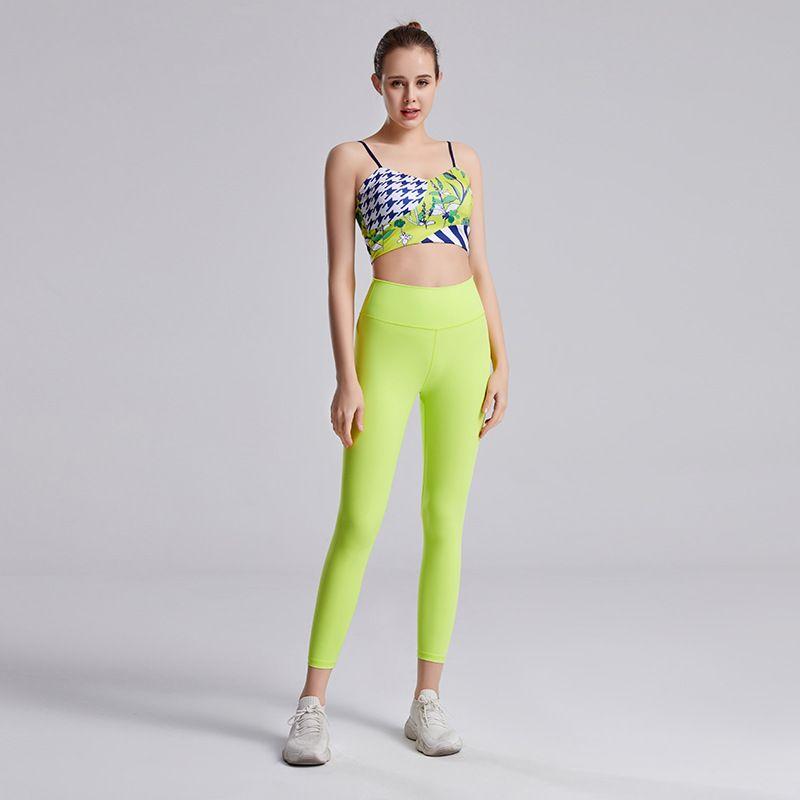 New Green Irregular Print Bra Top Sexy Yoga Clothes Set Women Sports Workout Clothes Two-piece Set