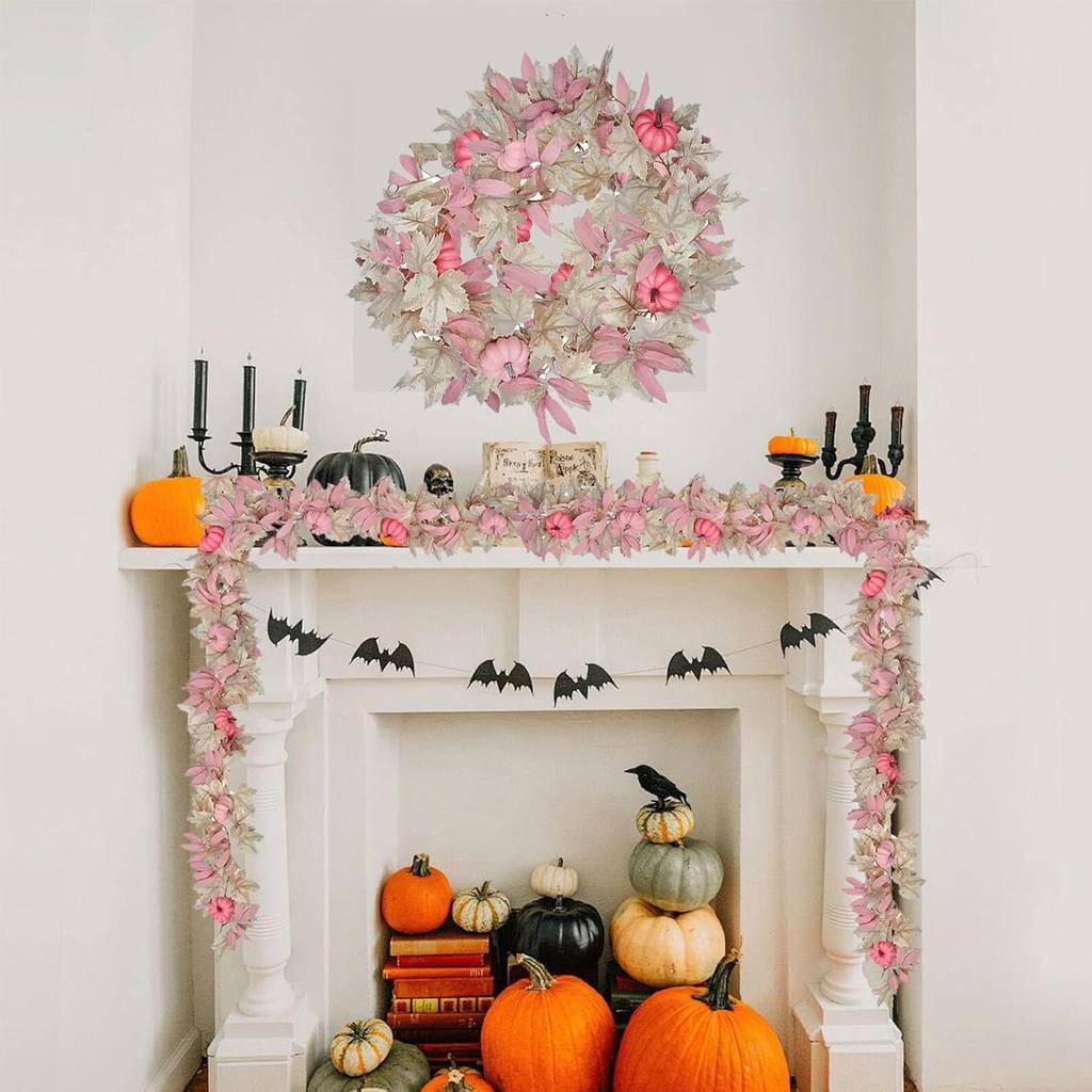 Fall Maple Leaves Garland Hanging Artificial Autumn Garland with Pink Pumpkins Flowers Berries For Halloween Thanksgiving Decor