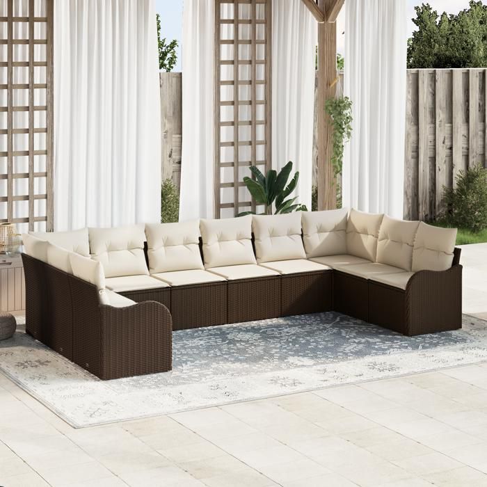 Ensemble de canapé de jardin vidaXL 10 pièces avec coussins Marron Poly Rattan, Canapé de jardin 2 places vidaXL 3354547