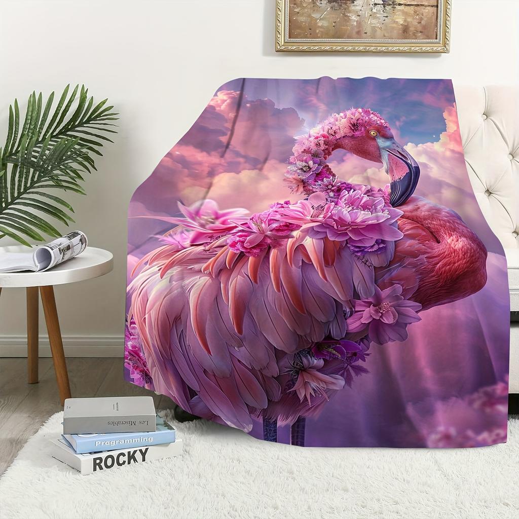 Cozy Flamingo Floral Print Flannel Throw Blanket - Soft, All-Season Knit with Digital Animal Design for Couch & TV, Hand Washabl