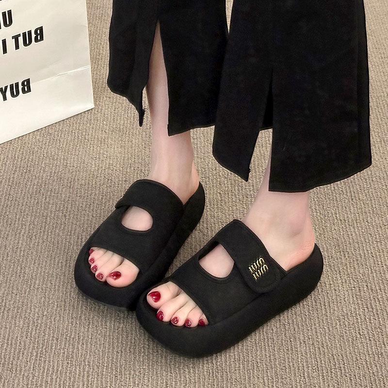Thick-soled Velcro Cool Slippers for Women's Summer Outer Wear 2025 New Height-increasing Comfortable and Thin One-word Casual Slippers