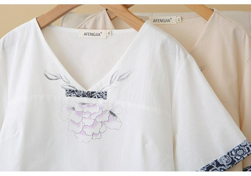 B1 Plus Size Women's Ethnic V-Neck Short Sleeve Cotton Linen Shirt - Summer 2026 Arrivals