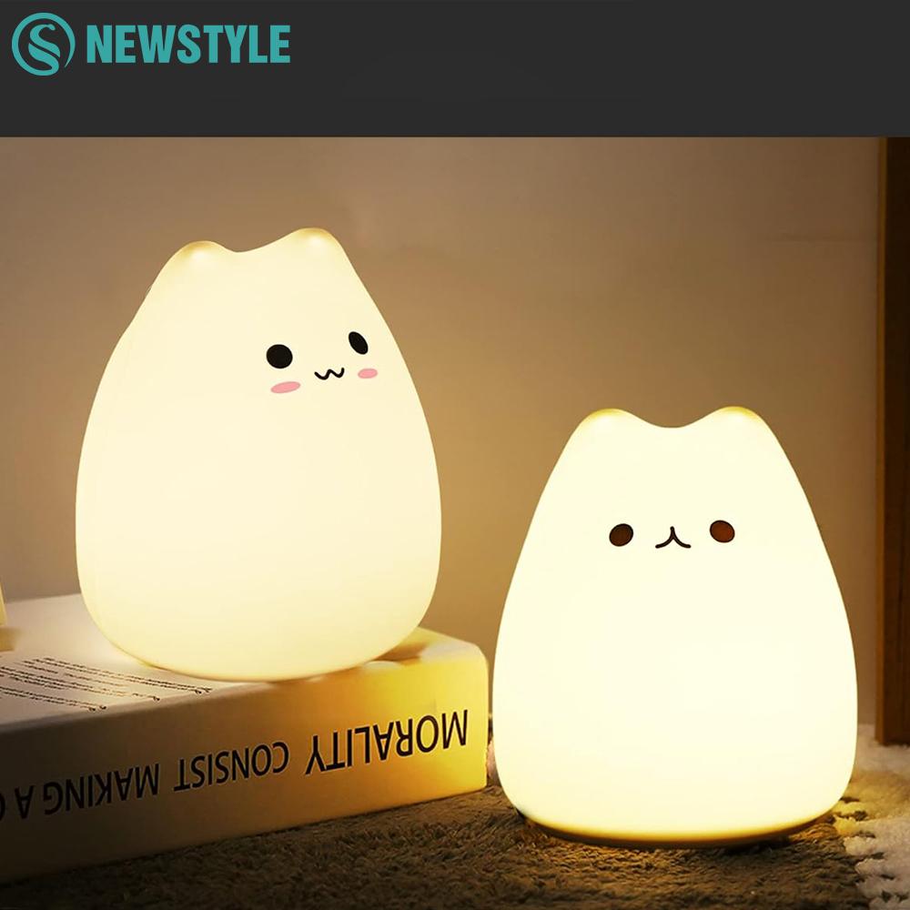 Cute Cat Night Light For Kids Silicone 7-Color Nursery Sleeping Lamp Tap Control Besides Lamp For Bedroom Decor Lighting