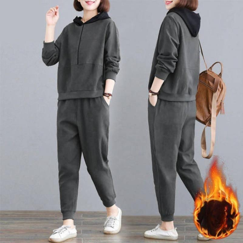 Samt Verdickt Lässig Sportbekleidung Anzug Damen Herbst und Winter Locker Mit Kapuze Locker Große Größe Sweatshirt Zweiteiliges Set