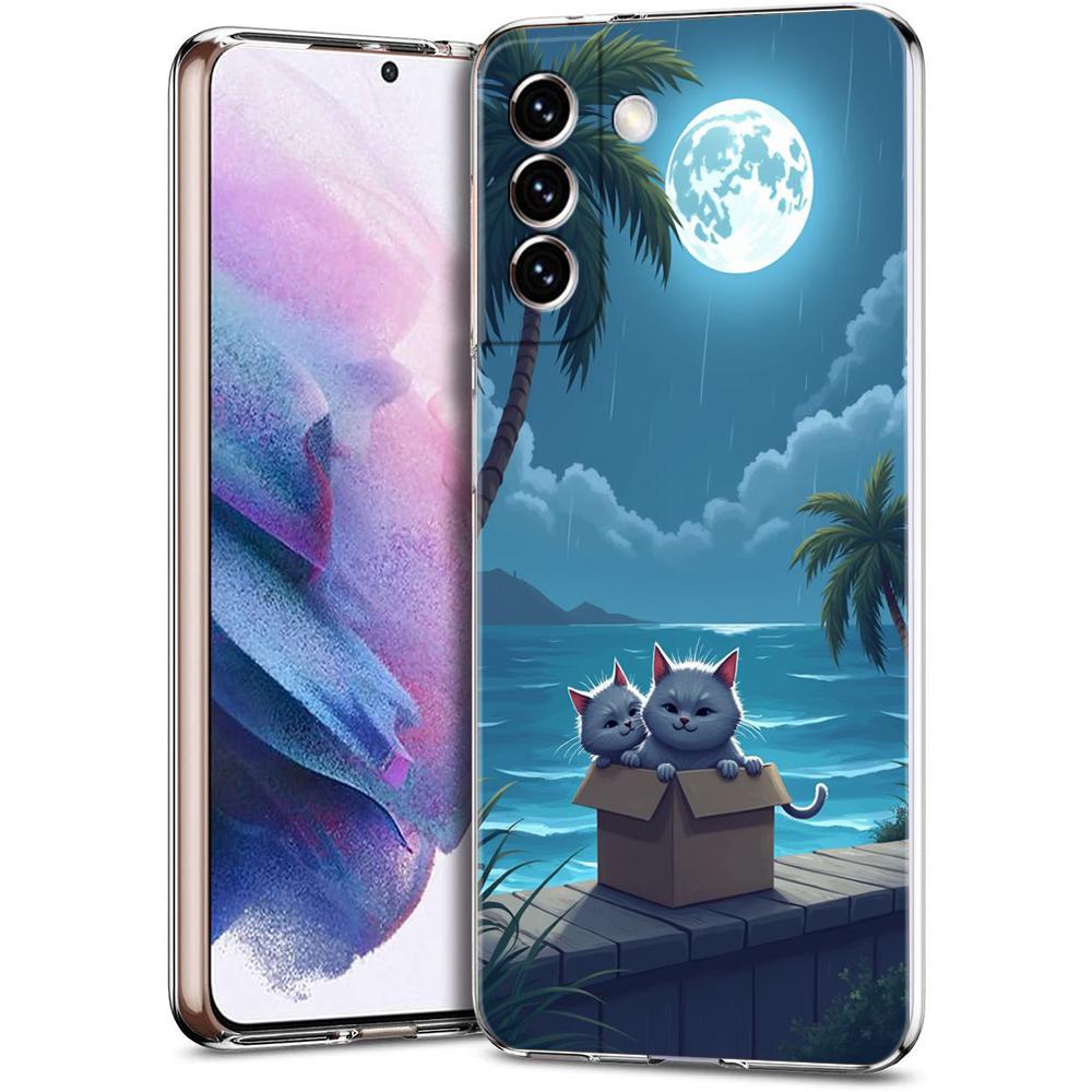 Transparent Phone Case Cover for Samsung Galaxy S25 S24 S23 S22 S20 S21 FE Ultra S24 S23 S10 S10E Plus Funny Sunset Cat Pattern