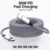 60W Typ C zu Typ C Schnelllade-Datenkabel 1M 2M 3M 5M 8M Universelles verlängertes geflochtenes Nylon-Datenkabel für Oneplus Xiaomi Samsung