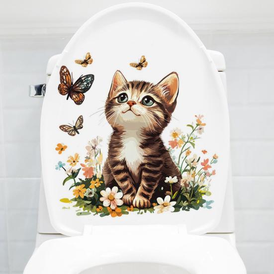 Toilet Sticker Waterproof PVC Cartoon Flower Cat Decorative Removable Lid Sticker Bright Color Toilet Art Decal
