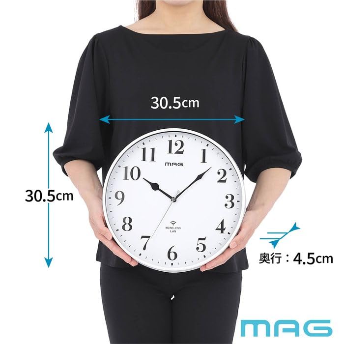 MAG Wall Clock, Wi-Fi Connected, Wireless LAN, Analog, Silent, Continuous Second Hand, Simple Design, Easy To Read, for Living RoomApartment, Approx.