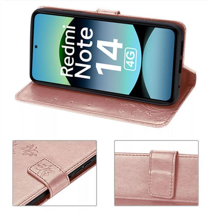 Coque et 2 Verres Trempés - E.F.CONNECTION - pour Xiaomi Redmi Note 14 4G - Cuir PU - Motif Papillon - Rose